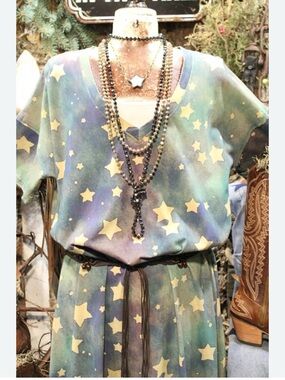 A Rare Bird - Celestial Star-Print Maxi Dress in Teal & Lavender